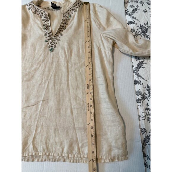 RAFAELLA Beige Embroidered Beaded Blouse100% Linen V-Neck Tiny Flaw Size 14 - Picture 15 of 16